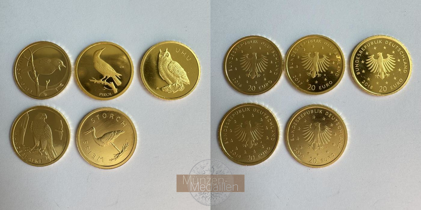BRD  5 x 20 Euro MM-Frankfurt Feingold: 19,45g Heimische Vögel Set (nicht Komplett) 2016-2020 