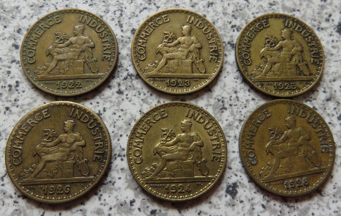  Frankreich 50 Centimes 1922 - 1928, 6 verschiedene Jahrgänge   