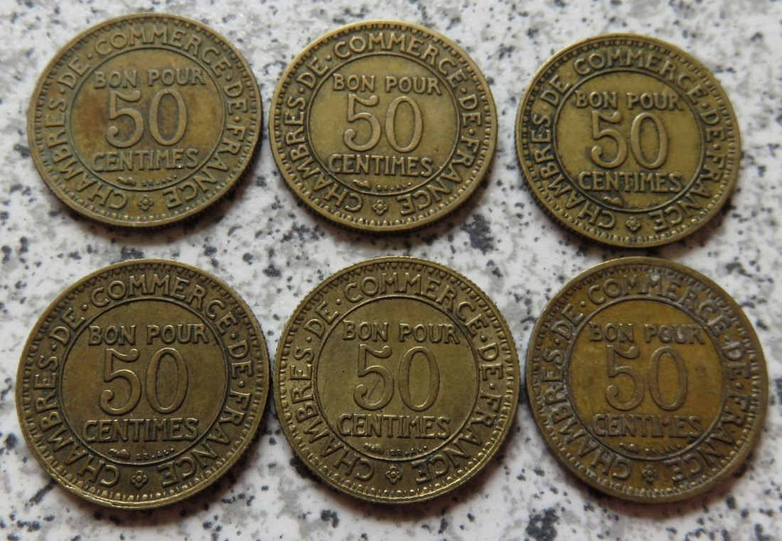  Frankreich 50 Centimes 1922 - 1928, 6 verschiedene Jahrgänge   
