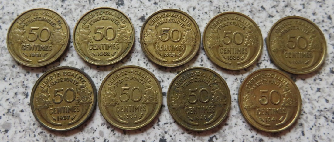  Frankreich 50 Centimes 1931-1941, 9 verschiedene Jahrgänge   
