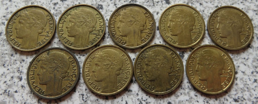  Frankreich 50 Centimes 1931-1941, 9 verschiedene Jahrgänge   