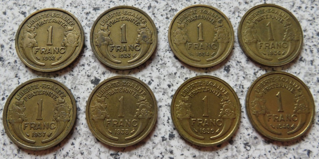  Frankreich 1 Franc 1932 - 1940, 8 verschiedene Jahrgänge   