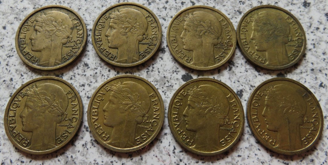  Frankreich 1 Franc 1932 - 1940, 8 verschiedene Jahrgänge   