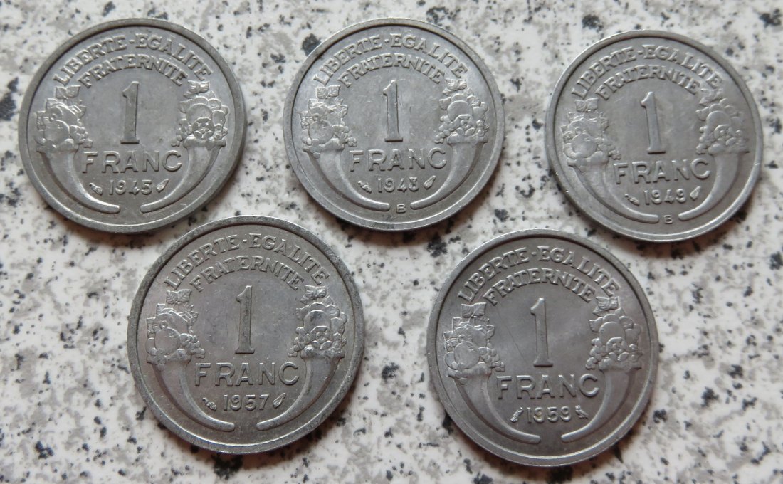  Frankreich 1 Franc 1945, 1848 B, 1949 B, 1957 und 1959   