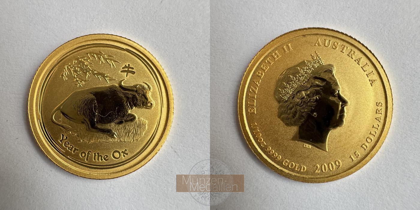 Australien  15 Dollar 2009 MM-Frankfurt KM#1891 Feingold: 3,11g Jahr des Ochsen - Lunar II  