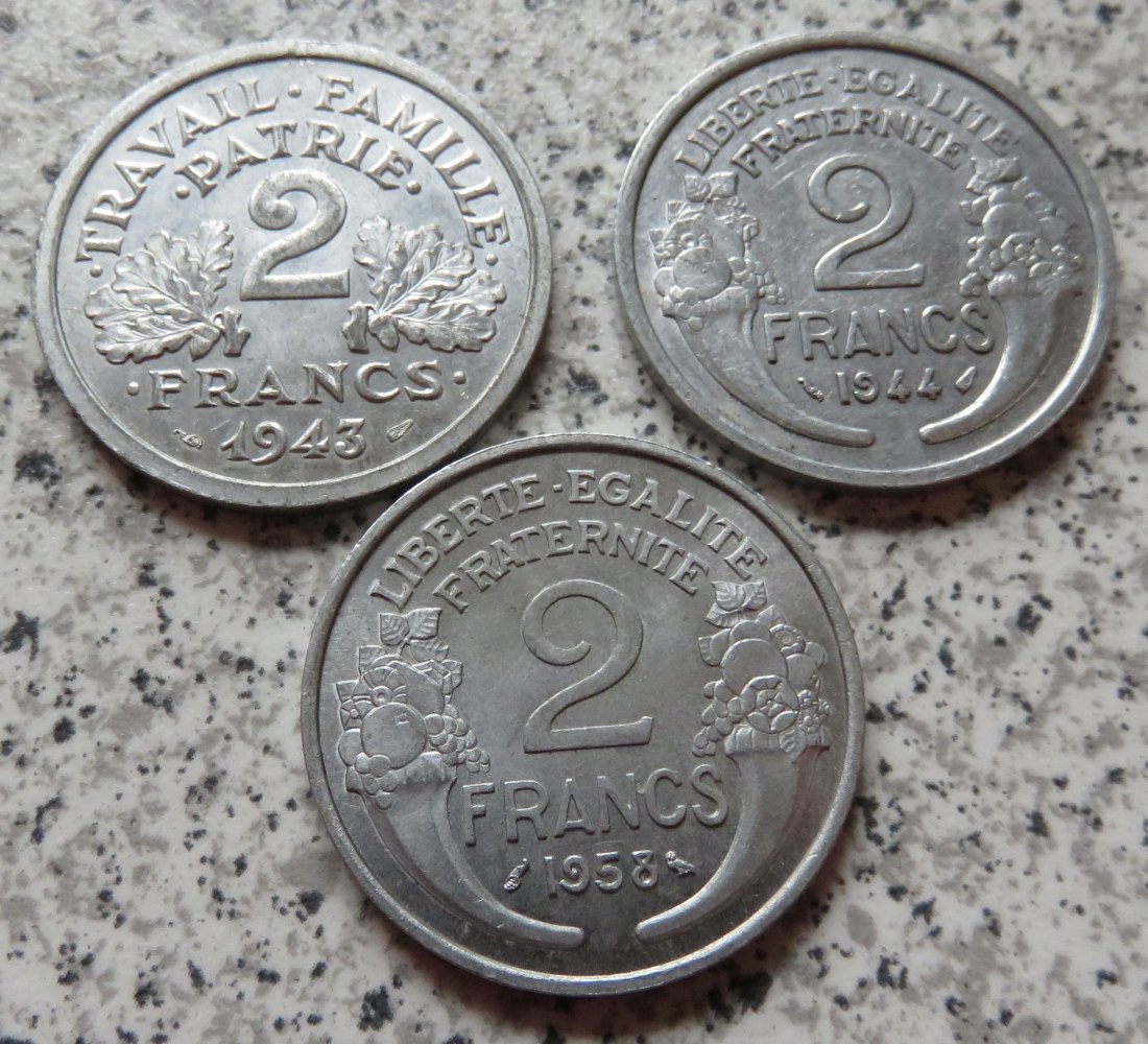  Frankreich 2 Francs 1943, 1944 und 1958   