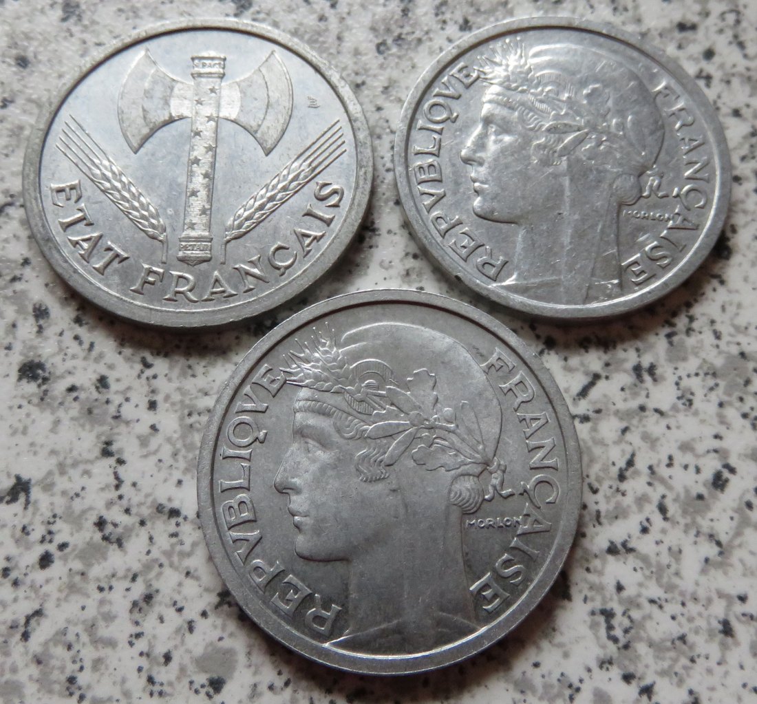  Frankreich 2 Francs 1943, 1944 und 1958   