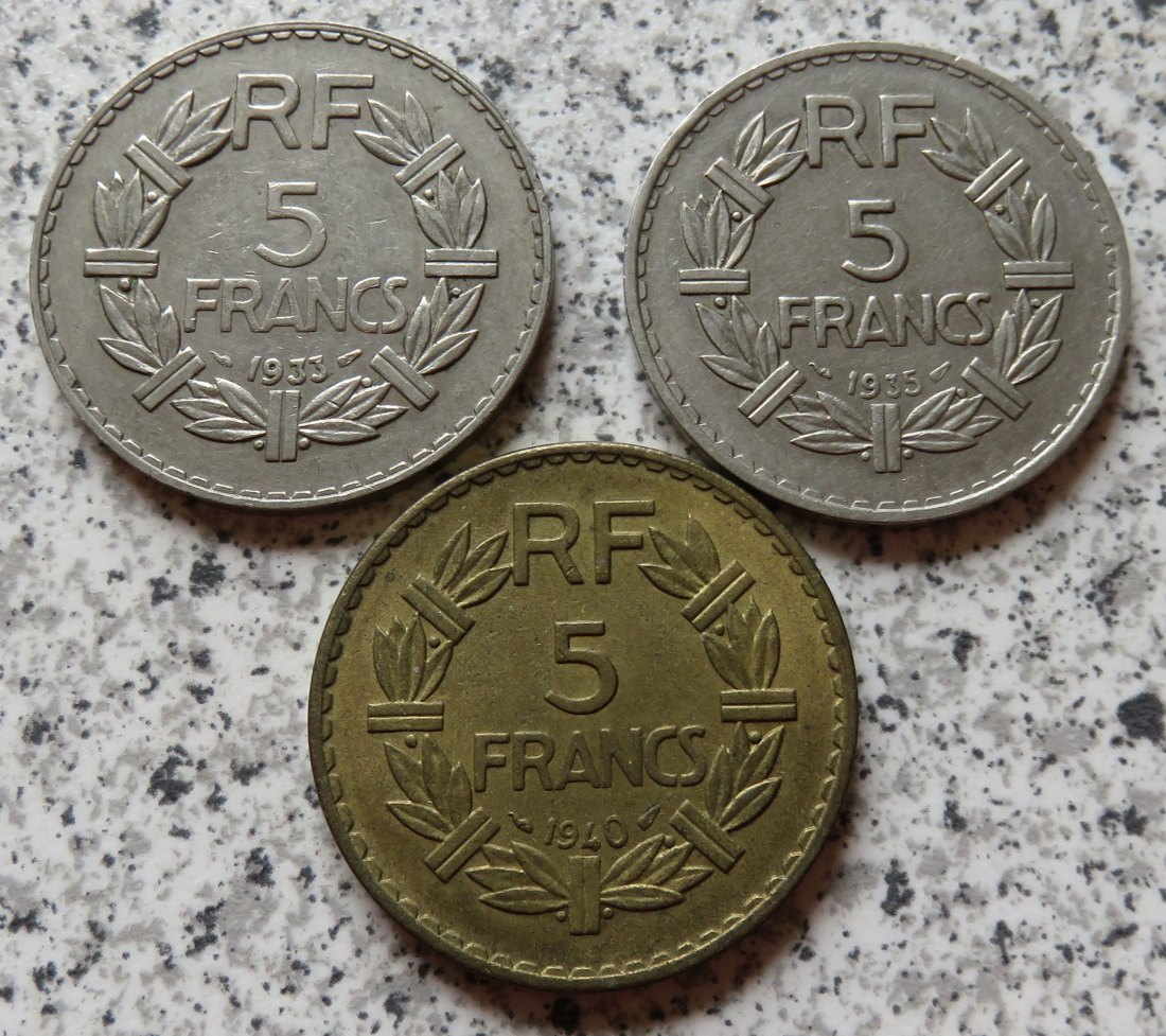  Frankreich 5 Francs 1933, 1945 und 1940   