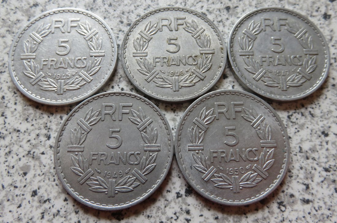  Frankreich 5 Francs 1945, 1946, 1947, 1949 und 1950   