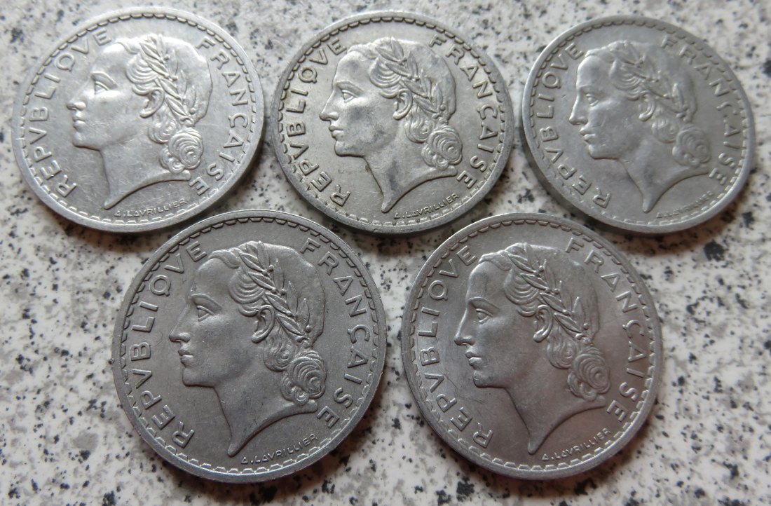  Frankreich 5 Francs 1945, 1946, 1947, 1949 und 1950   