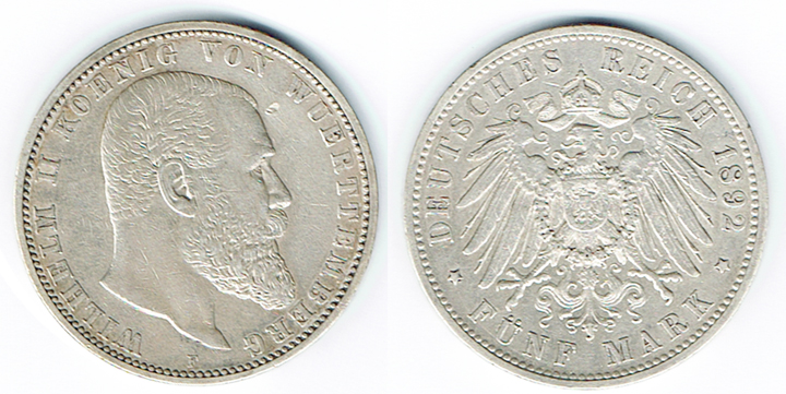  SZAIVERT DEUTSCHES KAISERREICH WÜRTTEMBERG WILHELM II. 5 MARK 1892   