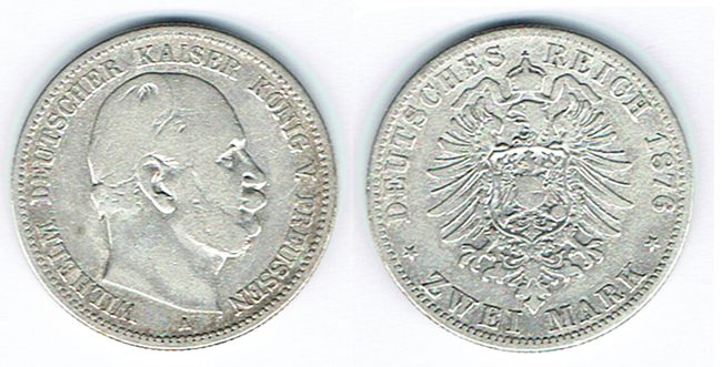  SZAIVERT DEUTSCHES KAISERREICH PREUSSEN WILHELM I. 2 MARK 1876 A   