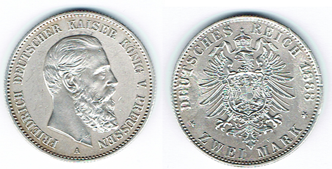  SZAIVERT DEUTSCHES KAISERREICH PREUSSEN FRIEDRICH III. 2 MARK 1888 A   
