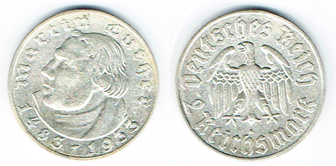  SZAIVERT DEUTSCHES REICH MARTIN LUTHER 450. GEBURTSTAG 2 MARK 1933 A BERLIN   