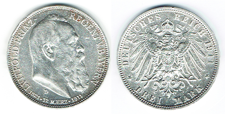  SZAIVERT KAISERREICH BAYERN PRINZREGENT LUITPOLD 3 MARK 1911   