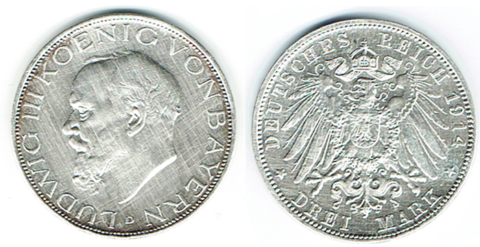  SZAIVERT KAISERREICH BAYERN LUDWIG III. 3 MARK 1914   