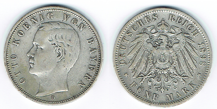  SZAIVERT KAISERREICH BAYERN OTTO 5 MARK 1898 D   