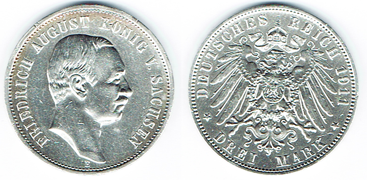  SZAIVERT DEUTSCHES KAISERREICH KÖNIGREICH SACHSEN FRIEDRICH AUGUST III. 3 MARK 1911 E   