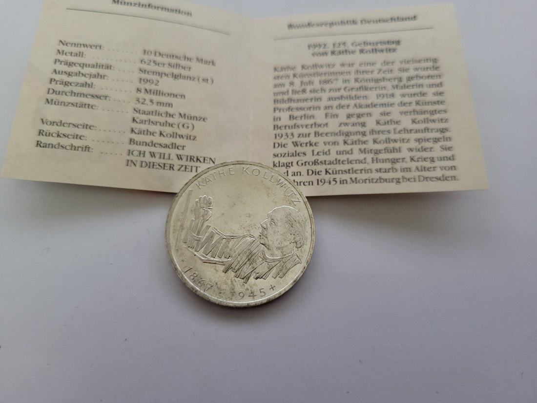  10 Mark 1992 G Käthe Kollwitz 9,68g fein silber BRD Deutschland Spittalgold9800 1975   