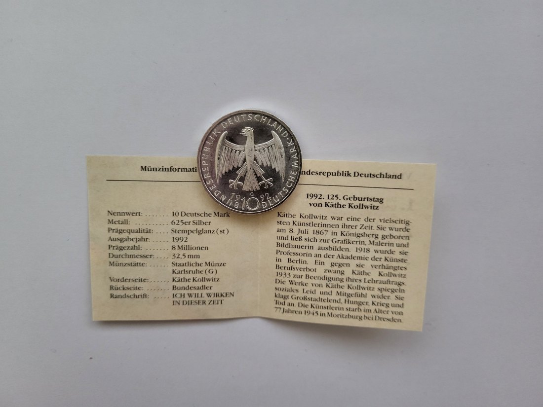  10 Mark 1992 G Käthe Kollwitz 9,68g fein silber BRD Deutschland Spittalgold9800 1975   