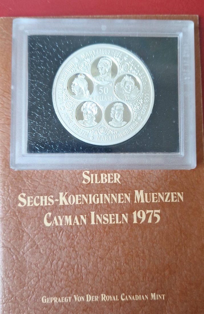  Cayman Islands, 50 Dollars 1975 Silber, PP in Box, 6 Königinnen, 50 mm Durchmesser, Feingewicht 59 g   