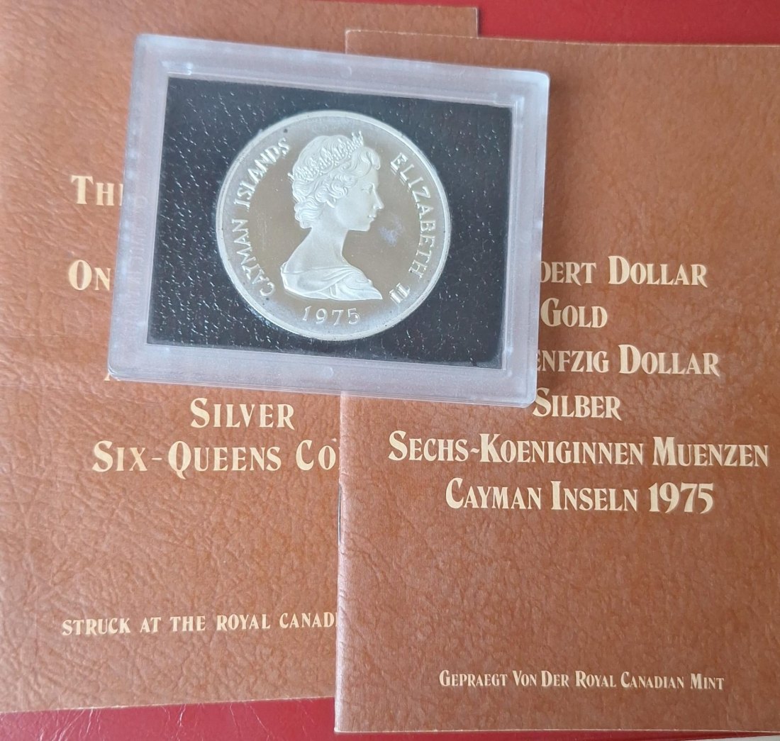  Cayman Islands, 50 Dollars 1975 Silber, PP in Box, 6 Königinnen, 50 mm Durchmesser, Feingewicht 59 g   