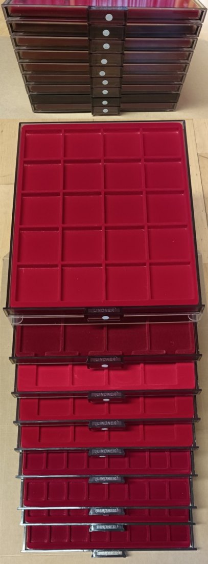  Lindner Münzbox STANDARD, 9 Stück, quadratische Vertiefungen, div. Größen, gebraucht   