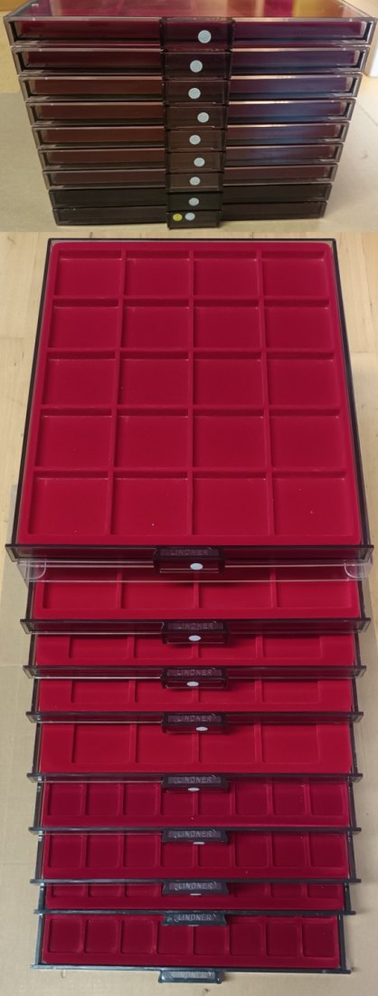  Lindner Münzbox STANDARD, 9 Stück, quadratische Vertiefungen, div. Größen, gebraucht   