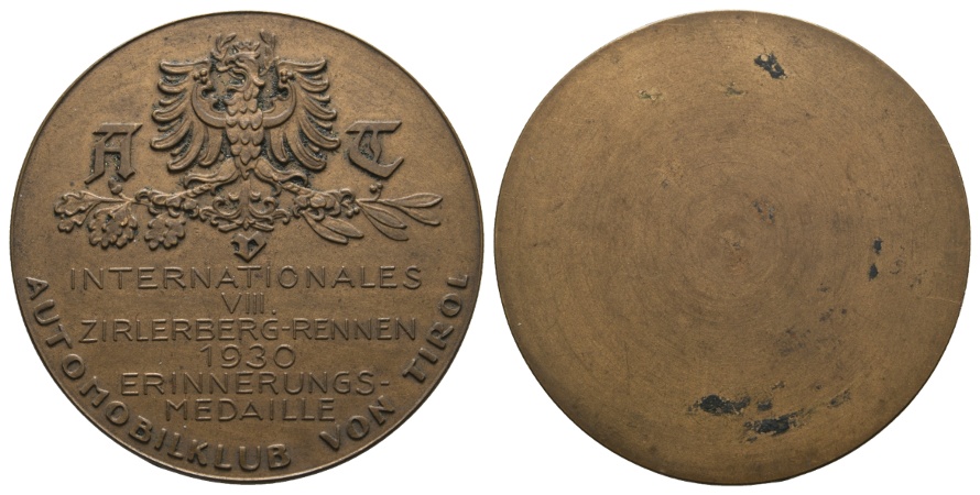  Medaille 1930; Automobilklub von Tirol, Internationales 8. Zirlerbergrennen; 29,38 g; Ø 47,53 mm   