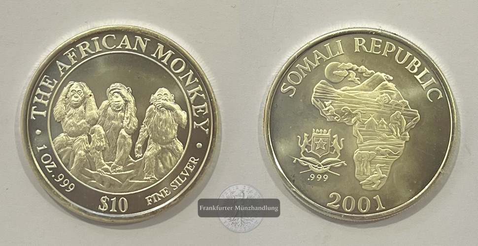  Somalia 10 Dollar 2001 African Monkey  FM-Frankfurt  Feinsilber: 31,1g   