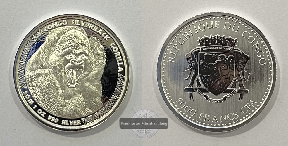  Rep. Kongo 5000 Francs CFA (Congo Silverback Gorilla) 2019 FM-Frankfurt KM#265 Feinsilber: 31,1g   