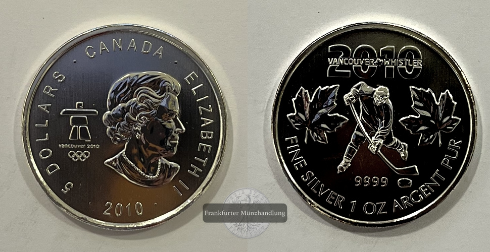  Kanada 5 Dollar 2010 Olympics Vancouver Eishockey FM-Frankfurt KM#998 Feinsilber: 31,1g   