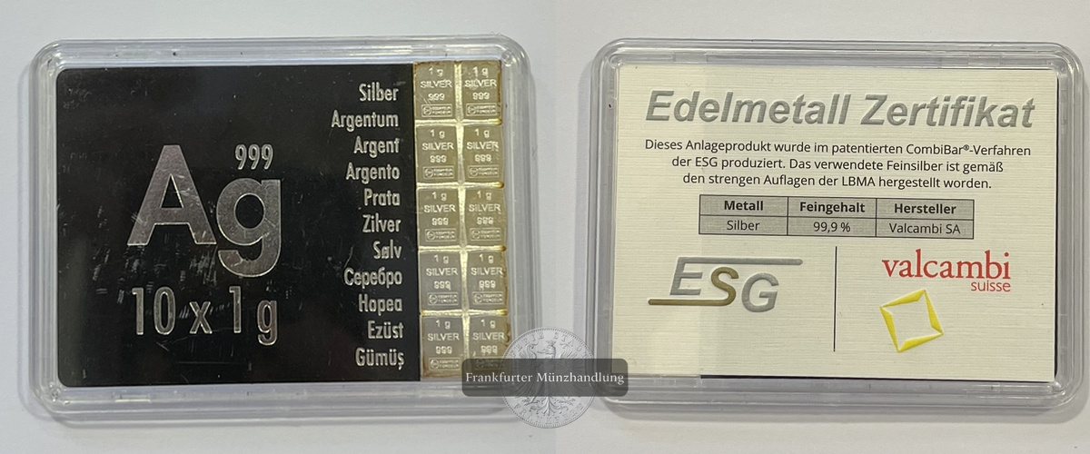  Schweiz Silberbarren 10x 1g Valcambi FM-Frankfurt  Feinsilber: 10g   