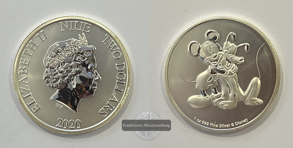  Niue 2 Dollars 2020 Mickey Mouse and Pluto (Elizabeth II) FM-Frankfurt KM#3764 Feinsilber: 31g   