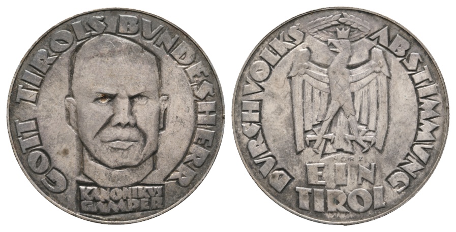  Medaille; Kanonikus Gamper; Ein Tirol; Volksabstimmung; silber; 12,44 g; Ø 33,12 mm   