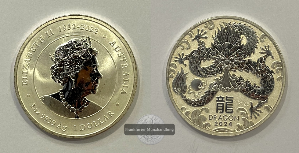  Australien 1 Dollar 2024 Year of the Dragon 1 Unze FM-Frankfurt KM#4639 Feinsilber: 31,1g   