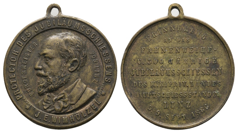  Medaille 1886; Wimhölzel; 500 jähr. Jubiläumsschiessen Linz; Bronze; gehenkelt; 13,79 g; Ø 34,83 mm   