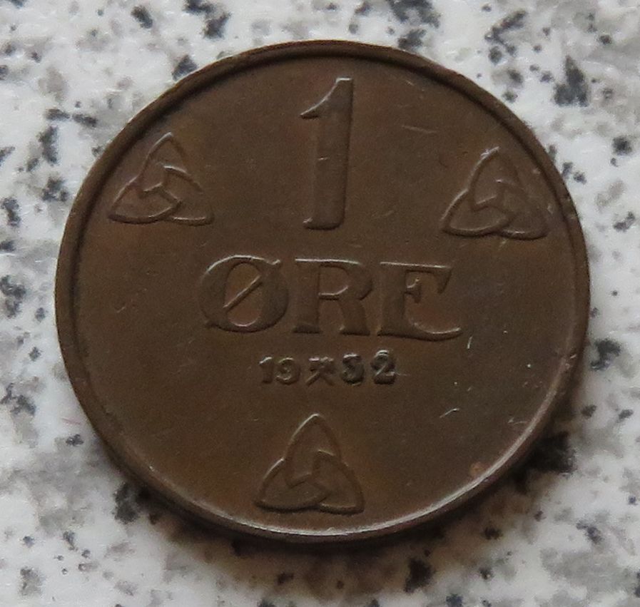  Norwegen 1 Öre 1932, Doppelschlag bei der 2 ersichtlich   