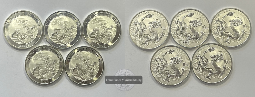  China 10 Yuan x5 LOT Drache 2025 FM-Frankfurt Feinsilber: 155g   
