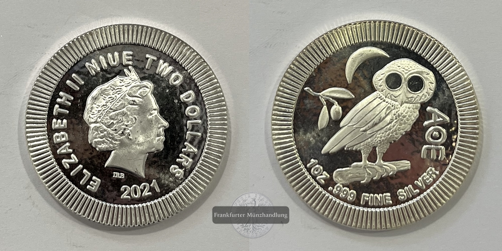  Niue 2 Dollar 2021 (2017-22) Athena Eule FM-Frankfurt KM#1429.1 Feinsilber: 31,1g   