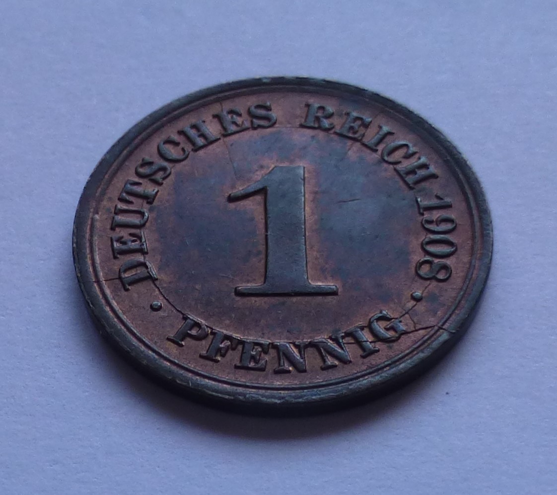  Deutsches Reich, Kaiserreich 1 Pfennig 1908 F, TOP Erhaltung - Fehlprägung   