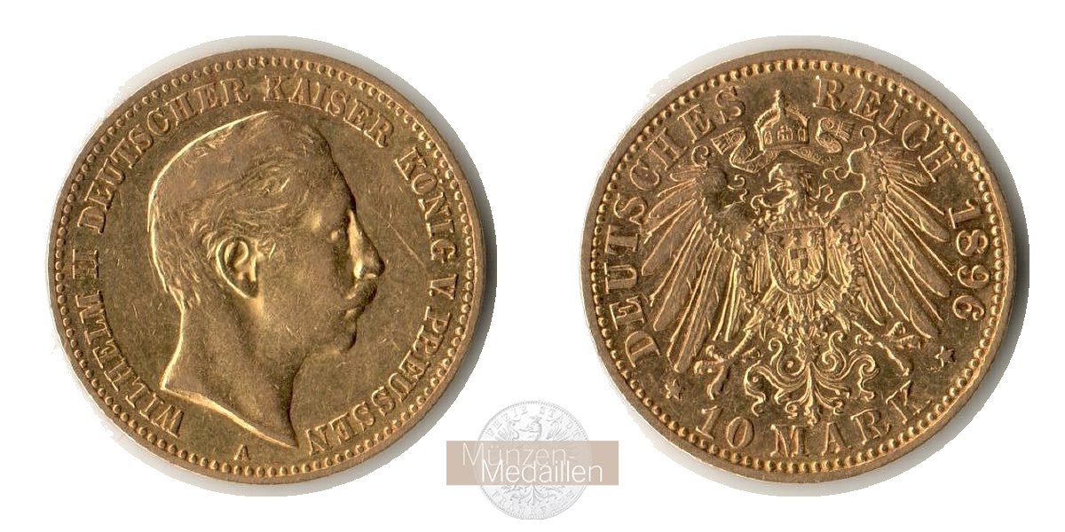 Deutsches Kaiserreich, Preussen. MM-Frankfurt Feingewicht: 3,58g Gold Wilhelm II. 1888-1918. 10 Mark 1896 A 