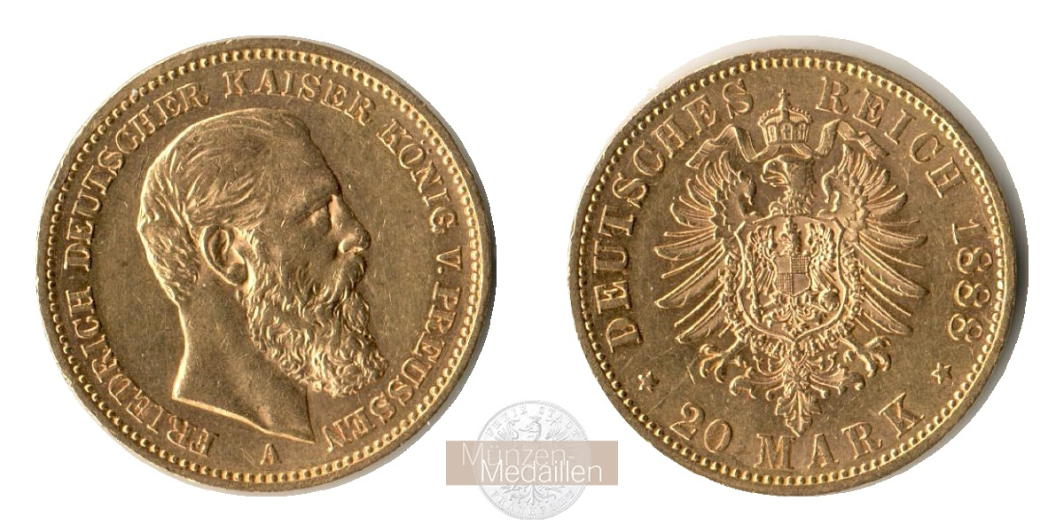 Dt. Kaiserreich Preussen, Friedrich III MM-Frankfurt KM#515 Feingold: 7,17g 20 Mark 1888 A 