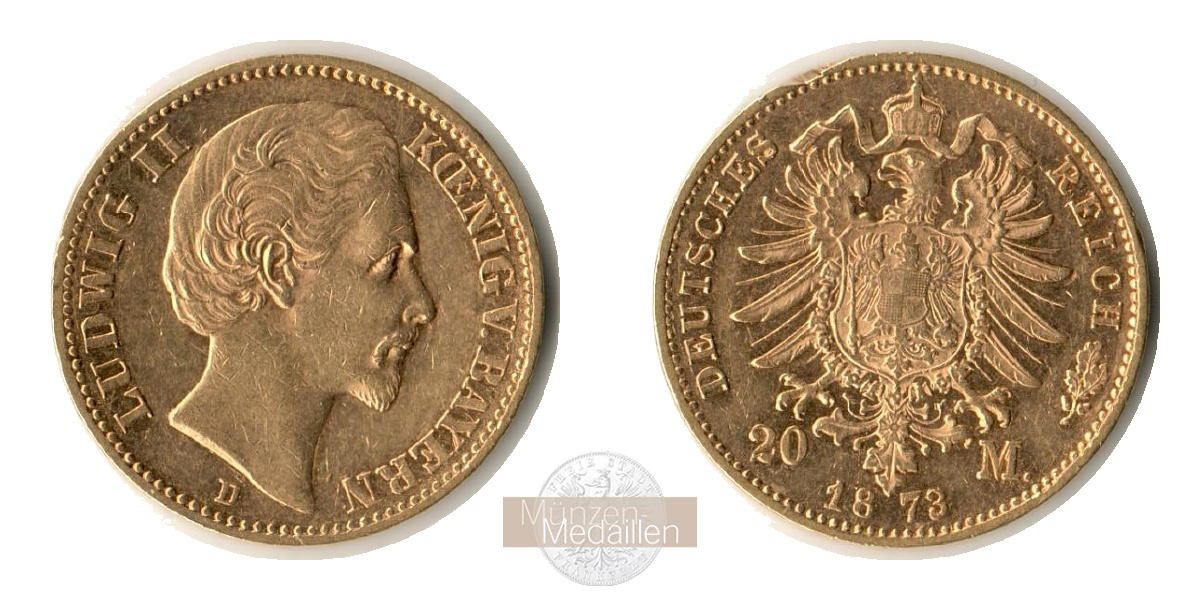 Dt. Kaiserreich, Bayern Ludwig II. MM-Frankfurt KM#894 Feingold: 7,17g 20 Mark 1873 D 