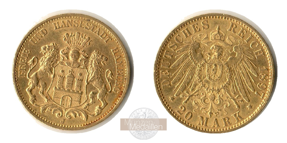 Deutsches Kaiserreich. Hamburg MM-Frankfurt KM#618 Feingold: 7,17g 20 Mark 1897 J  