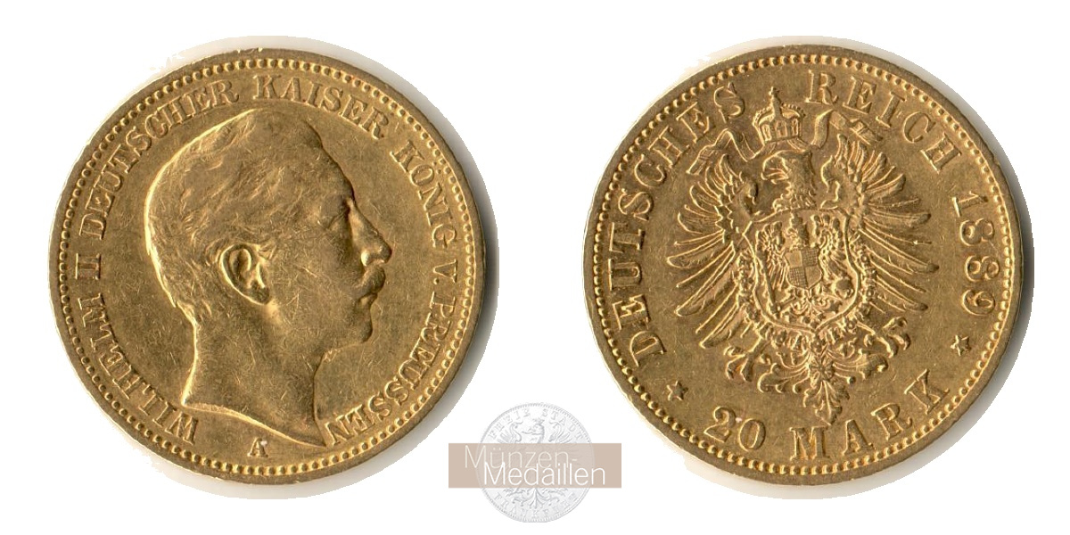 Dt. Kaiserreich. Preussen Wilhelm II. MM-Frankfurt Feingold: 7,17g 20 Mark 1889 A 