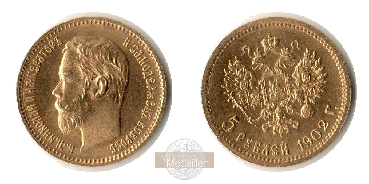 Russland  5 Rubel MM Frankfurt Feingold: 3,87g Zar Nikolaus II. 1894-1917 1902 
