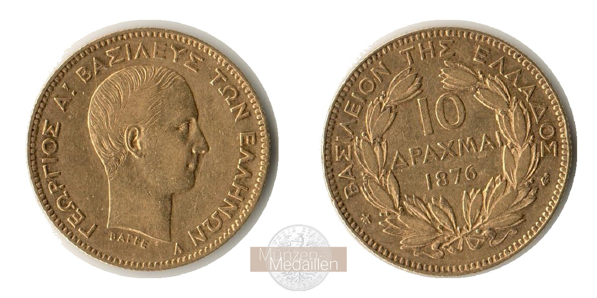 Griechenland,   10 Drachmai MM-Frankfurt KM#56 Feingold: 2,91g Georg I. 1863-1913 1876 A 