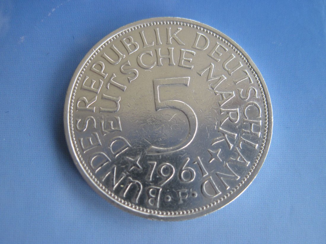  Silbermünze 5 DM 1961 F alte Deutsche Mark, Silberadler, Heiermann, 625er Silber   
