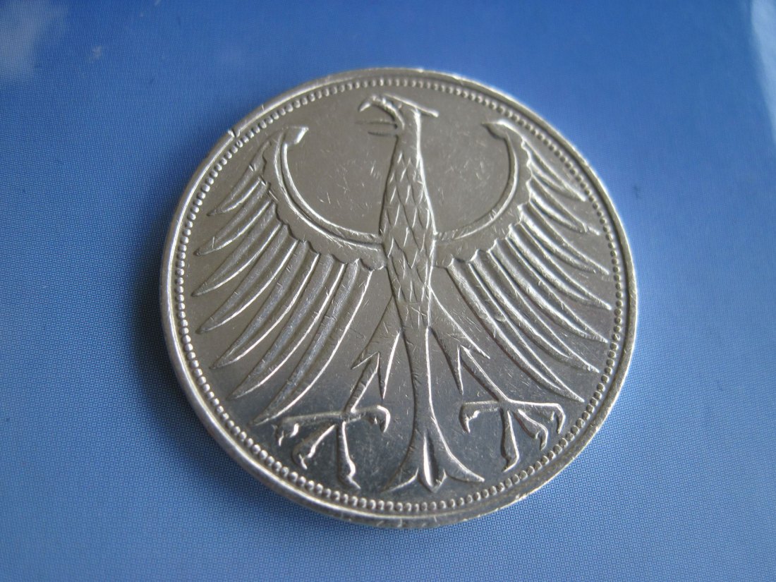  Silbermünze 5 DM 1961 F alte Deutsche Mark, Silberadler, Heiermann, 625er Silber   